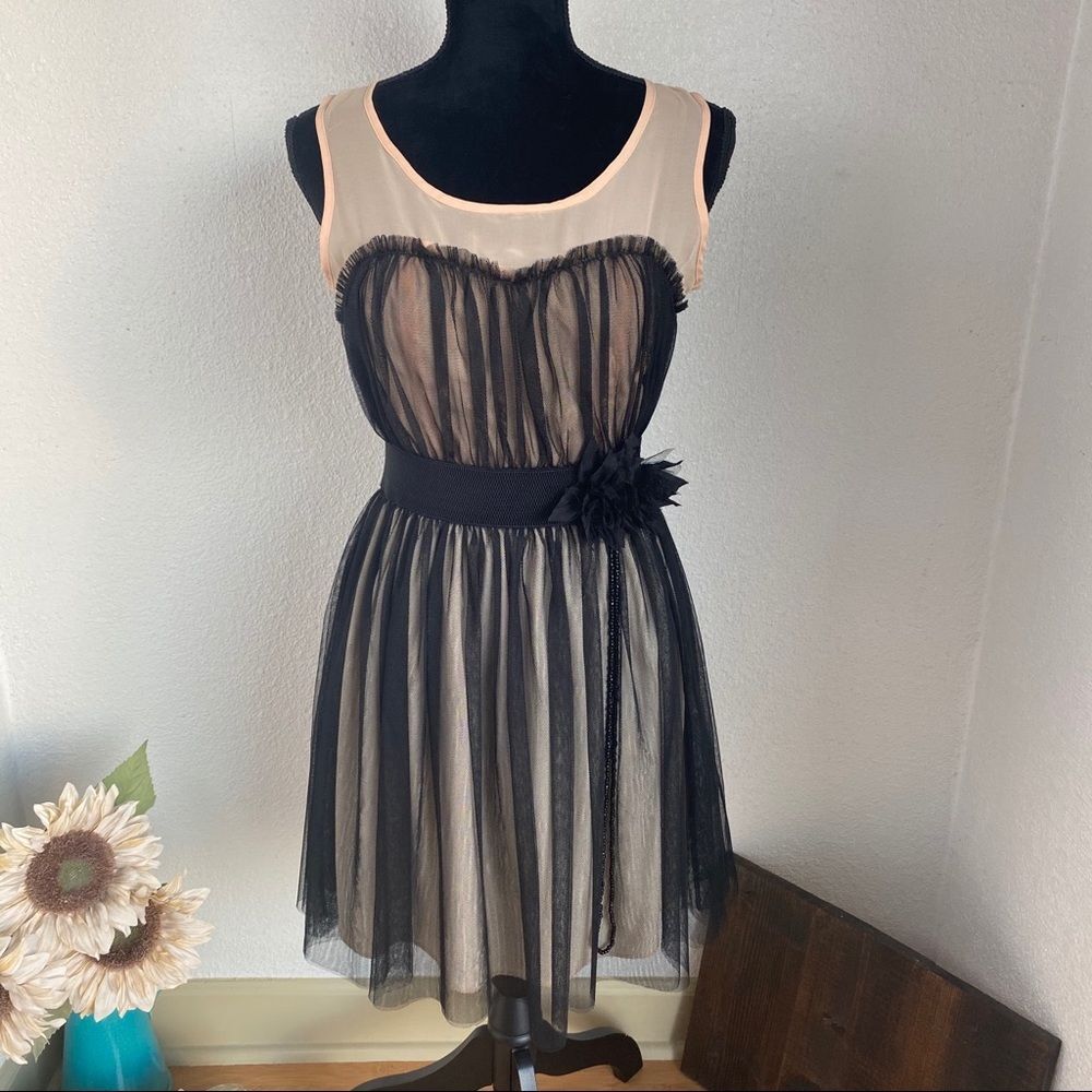 Peach / Coral with Sheer Black Overlay Dress
